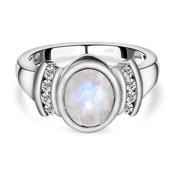 Premium Regenbogen Mondstein und wei&szlig;er Zirkon-Ring, 925 Silber platiniert (Gr&ouml;&szlig;e 16.00) ca. 2.00 ct
