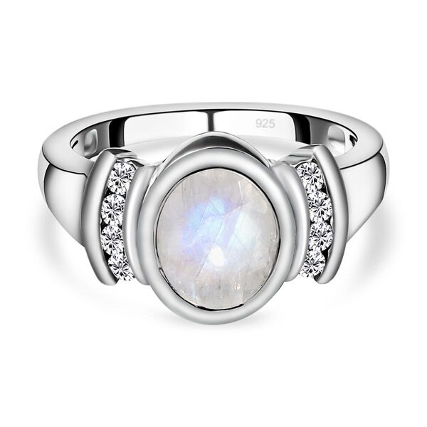 Premium Regenbogen Mondstein und wei&szlig;er Zirkon-Ring, 925 Silber platiniert  ca. 2,00 ct