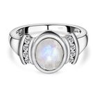 Premium Regenbogen Mondstein und weißer Zirkon-Ring, 925 Silber platiniert (Größe 16.00) ca. 2.00 ct