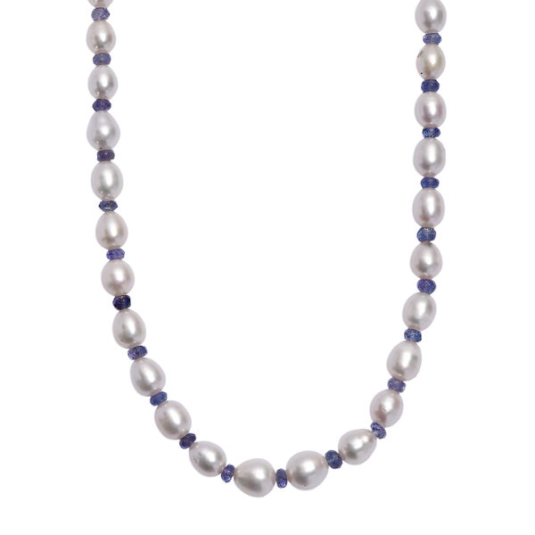 AA Wei&szlig;e S&uuml;&szlig;wasser Perle, Tansanit Halskette ca. 45 cm+ 5cm extender, 925 Silber rhodiniert