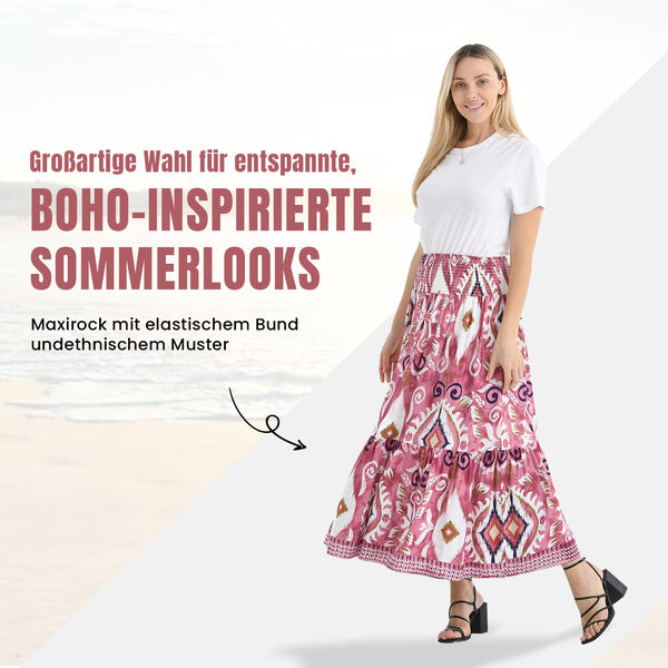 Maxirock mit ethnischem Muster, elastischer Bund, 91&times;28 cm, Rosa image number 2