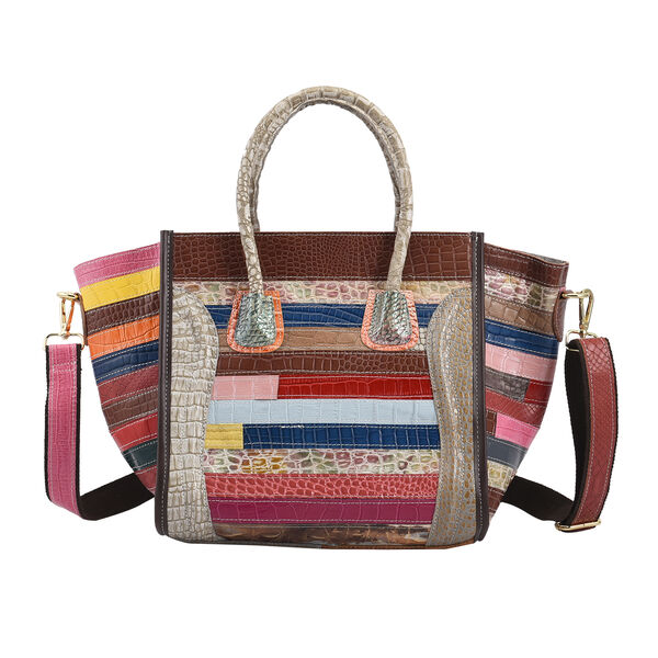 CHAOS BY ELSIE - Schultertasche aus 100% echtem Leder mit RFID Schutz und abnehmbarem Riemen, Krokodil Muster, Gr&ouml;&szlig;e 28x18x30 cm, Taupe