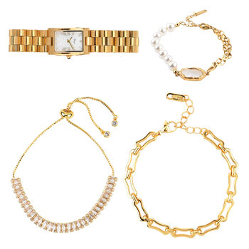 GENOA - Wei&szlig;er Zirkonia, Wei&szlig;es Perlmutt Schmuckset 316L Edelstahl IP-Gelbbeschichtung, Nickelfreies Messing IP-Gelbbeschichtung und Legierung IP-Gelbbeschichtung