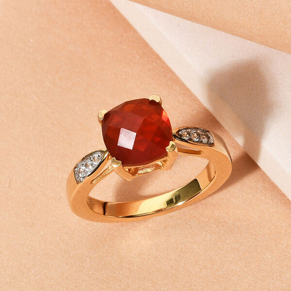 Mexikanischer Kirschfeuer-Opal und Zirkon Ring 925 Silber Gelbgold Vermeil  ca. 1,66 ct image number 2