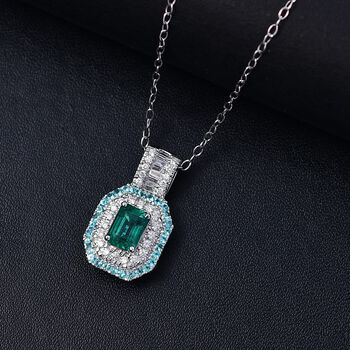 RHAPSODY zertifiziert und gepr&uuml;ft AAAA Kagem sambischer Smaragd, Paraiba Turmalin und Diamant Anh&auml;nger mit 45cm Kette in 950 Platin - 1,77 ct.