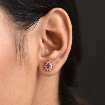 AA Afrikanischer Rubin (Fissure gef&uuml;llt), Wei&szlig;er Zirkon Ohrringe 925 Silber 750 Gelb Vergoldet ca. 1.21 ct