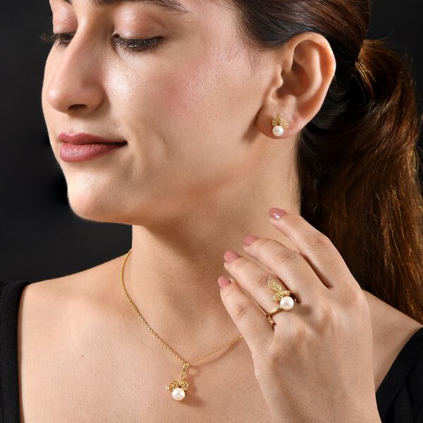 3er Set - Süßwasser Perle (6-8 mm) Anhänger, Ring und Ohrringe, (Größe 18.00), goldfarben image number 3