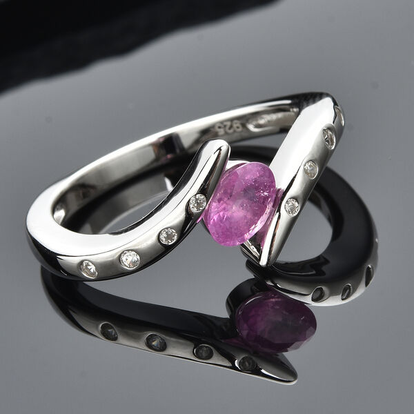 Ilakaka Rosa Saphir (Fissure gef&uuml;llt) und Zirkon Bypass Ring 925 Silber rhodiniert image number 2