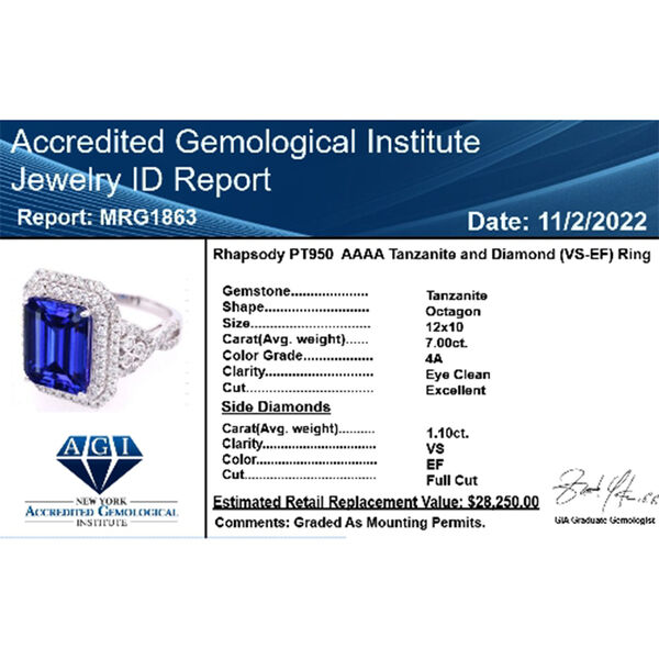 RHAPSODY AAAA Tansanit und VS-EF Diamant Ring in 950 Platin - 8 ct. image number 8