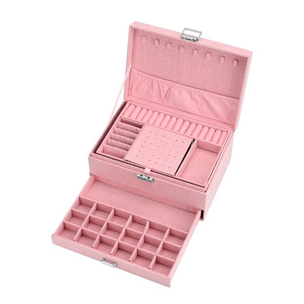 3-schichtige Schmuckbox aus Samt mit 5 Silberputzt&uuml;chern in Rosa, 24,5x17x11,5cm image number 5