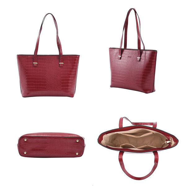 Passage - 4er-Set, Handtasche, Crossbody Tasche, Clutch und Brieftasche mit Kroko-Pr&auml;gung, Blumenmuster, Burgunderrot image number 2