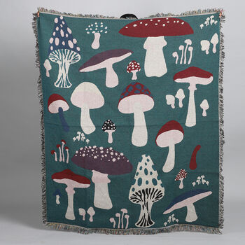 Handgewebte Jacquard-Decke mit Fransen, 100% Baumwolle, Pilzmuster, Gr&uuml;n und mehrfarbig