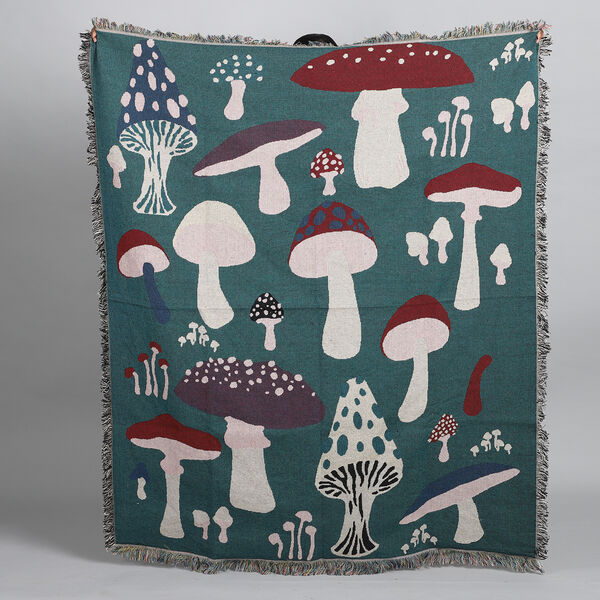 Handgewebte Jacquard-Decke mit Fransen, 100% Baumwolle, Pilzmuster, Gr&uuml;n und mehrfarbig image number 2