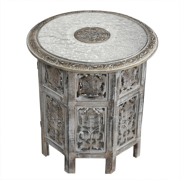 NAKKASHI - handgeschnitzter klappbarer Tisch aus Mangoholz mit handgepr&auml;gter Aluminiumplatte, 53x53x53 cm, wei&szlig;