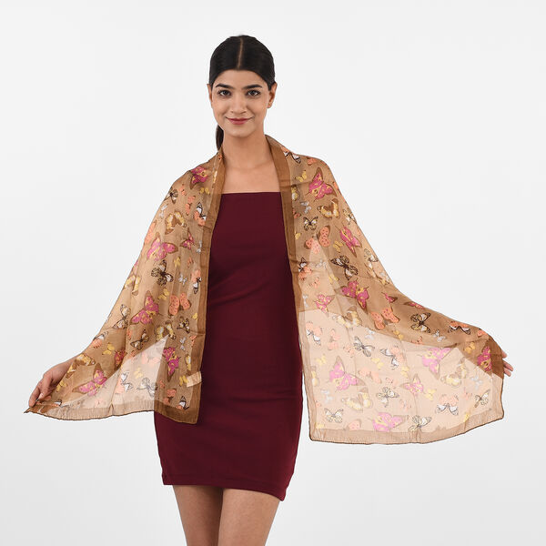 Bedruckter 100% Satin-Seidenschal, 48x160cm, Schmetterlinge braun image number 2
