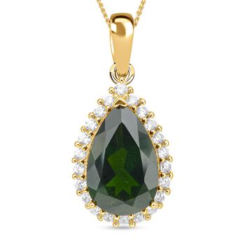 Nat&uuml;rlicher Chromdiopsid und wei&szlig;er Zirkon-Anh&auml;nger mit Kette, 925 Silber Gelbgold Vermeil ca. 5.33 ct