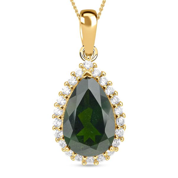 Nat&uuml;rlicher Chromdiopsid und wei&szlig;er Zirkon-Anh&auml;nger mit Kette, 925 Silber Gelbgold Vermeil ca. 5.33 ct