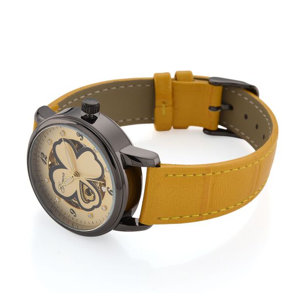 GENOA TIME V2 Automatikuhr mit Automatikwerk, Zifferblatt mit Blumenmuster und Moissaniten, gelbes Lederarmband, 36 mm, ca. 0,08 ct. image number 5