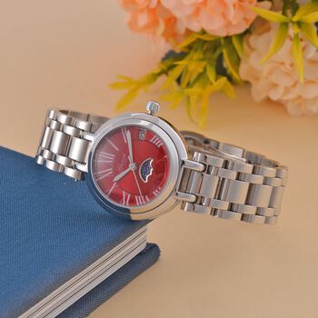 GENOA - Japanischem Uhrwerk und Rotem Sonnenschliff-Zifferblatt, Reiner Edelstahl, 20 cm