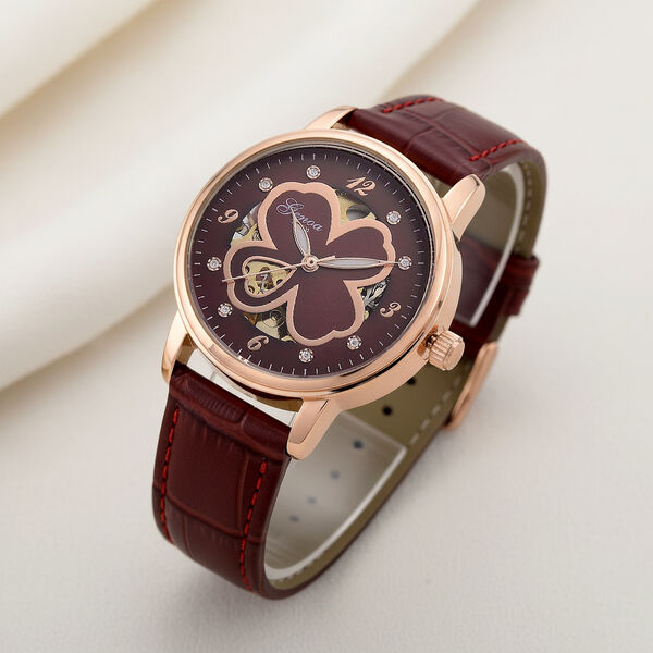 GENOA Automatikuhr mit Automatikwerk, Zifferblatt mit Blumenmuster und Moissaniten, weinrotes Lederarmband, 36mm image number 2