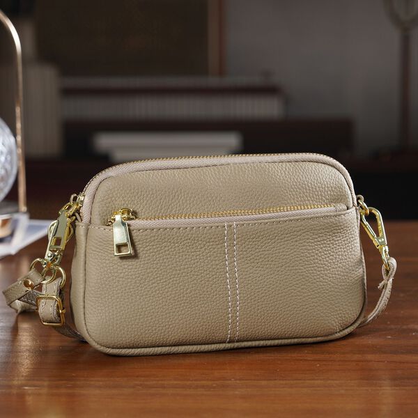 "Genuine Leather crossbody bag Color: Khaki Size:21*5*14cm        Wall: Genuine Leather Lining: Polyester Exterior:zipped-3 Interior:zipped-1,slid-1" image number 1