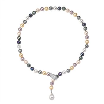 Mehrfarbige 10mm Muschelkernperle und wei&szlig;e Zirkonia 60cm Halskette
