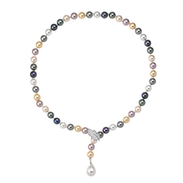Mehrfarbige 10mm Muschelkernperle und wei&szlig;e Zirkonia 60cm Halskette image number 4
