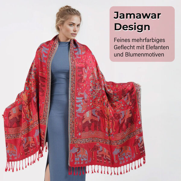 Jamawar-Schal, 3-Schiffchen-Webung, 70x200 cm, Elefant image number 3