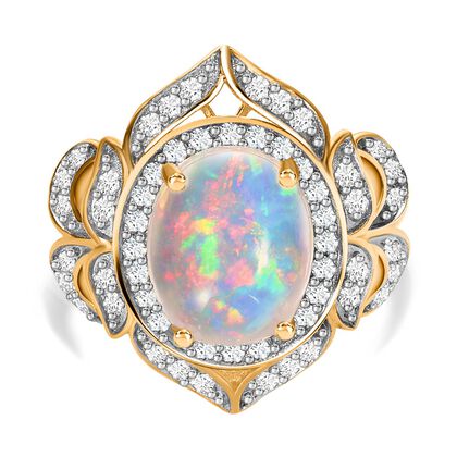 Nat&uuml;rlicher, &auml;thiopischer Welo Opal, wei&szlig;er Zirkon Ring, 925 Silber Gelbgold Vermeil (Gr&ouml;&szlig;e 21.00) ca. 4.61 ct