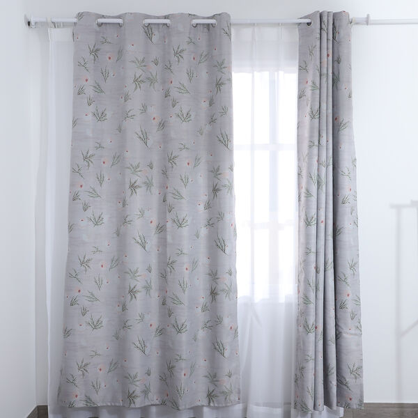 2er-Set - Verdunkelungsvorh&auml;nge mit 8 Metallringen, Zweig-Blumenmuster, Grau und Wei&szlig;&nbsp; image number 1