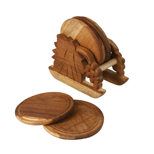 Untersetzer mit handgeschnitztem Ständer aus Teakholz, Größe 12,7x12,7x7,6 cm, Braun image number 0