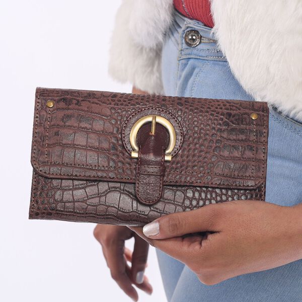 Echtleder Portemonnaie mit Krokoprägung und RFID-Schutz, 19,5x11,45 cm, braun image number 2