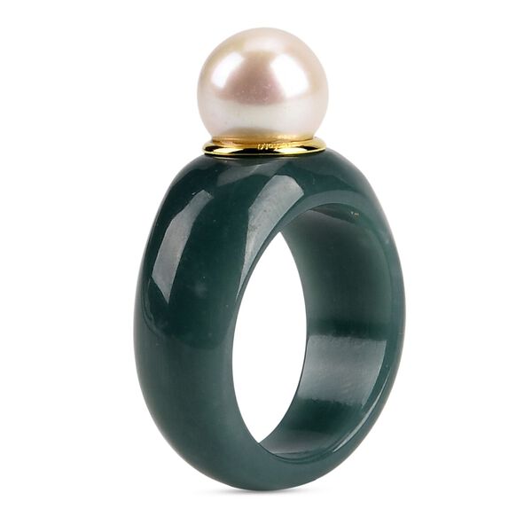 D'Joy natürlicher Olmek Jadeit und weißer Edison Perle Ring image number 4