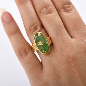 SHOPLC EXKLUSIV D'Joy Grün Blattgold-Quarz Ring 925 Silber 750 Gelbgold Vermeil (Größe 21.00) ca. 11.14 ct