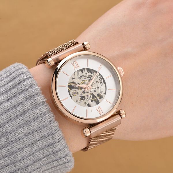 GENOA TIME V2 Automatik-Mechanische Uhr, wei&szlig;es Sonnenschliff-Zifferblatt, Wasserdicht, Ros&eacute;farben image number 2