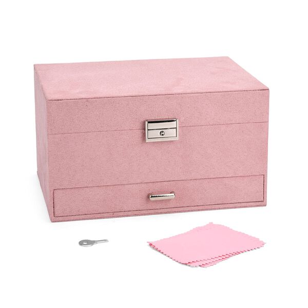 4-lagige Schmuckbox aus Samt mit 10 Silberputztüchern, 23,8×17×14,2 cm, Rosa image number 2