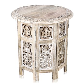 NAKKASHI - handgeschnitzter klappbarer Beistelltisch aus Mangoholz, 45x45x45 cm, wei&szlig;