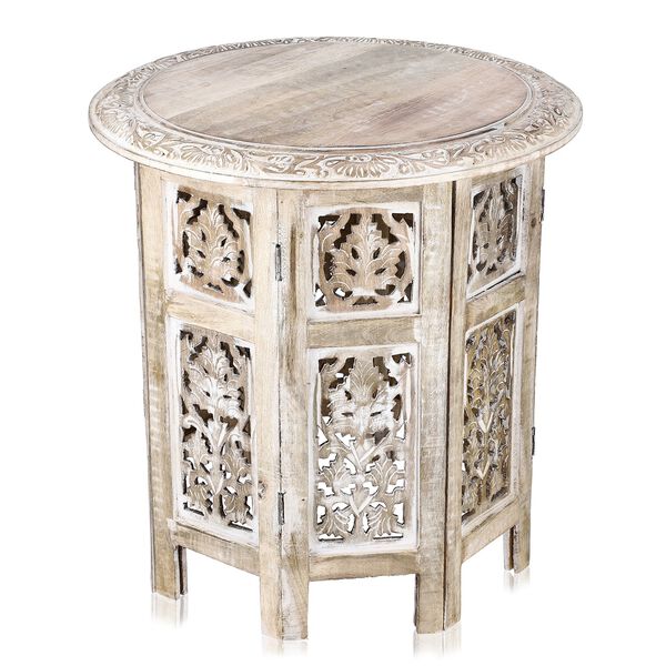 NAKKASHI - handgeschnitzter klappbarer Beistelltisch aus Mangoholz, 45x45x45 cm, wei&szlig;