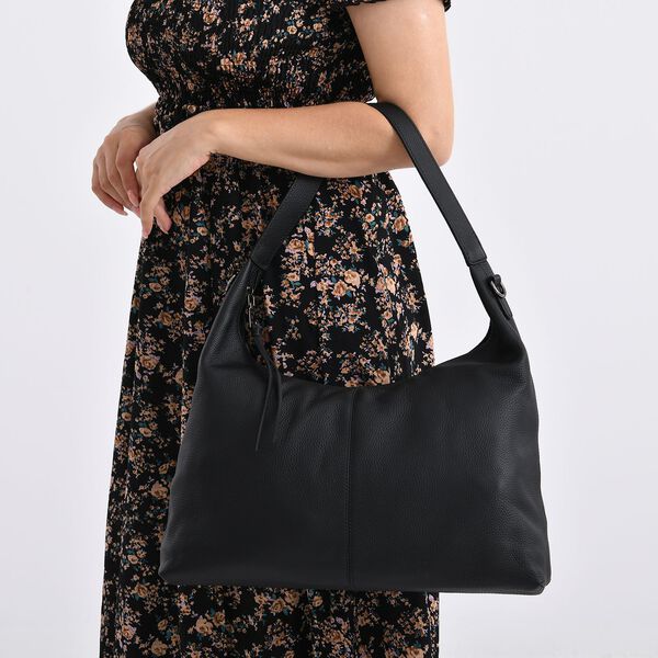 Echtleder-Hobo-Tasche mit abnehmbarem Schulterriemen, 41x10x35cm, Tiefschwarz image number 3