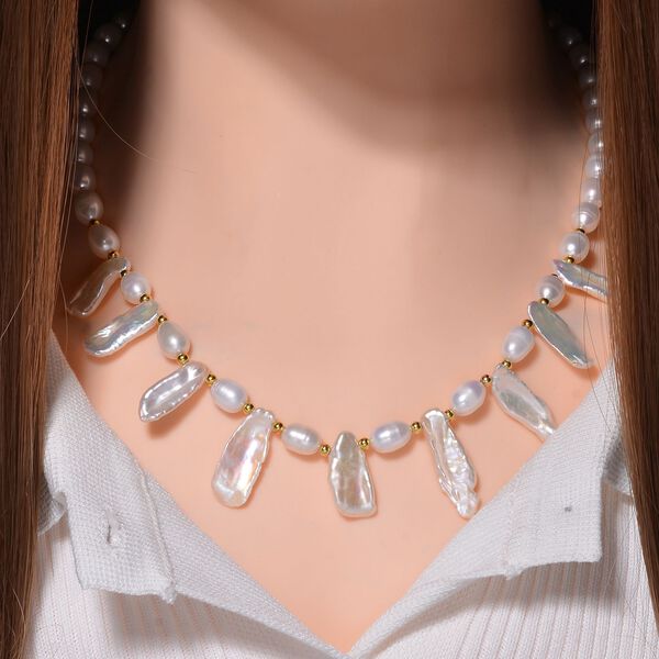 Keshi Perle, Wei&szlig;e S&uuml;&szlig;wasser Perle Halskette ca. 50 cm 925 Silber vergoldet image number 2