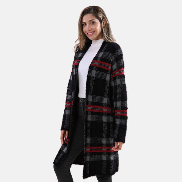 LA MAREY lange Strickjacke, Karomuster, Grau und Schwarz image number 3