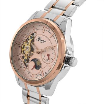 GENOA TIME V2 - Automatik-Armbanduhr, Mechanisches Uhrwerk, Edelstahlarmband, bicolor, Ros&eacute;farbenes Zifferblatt