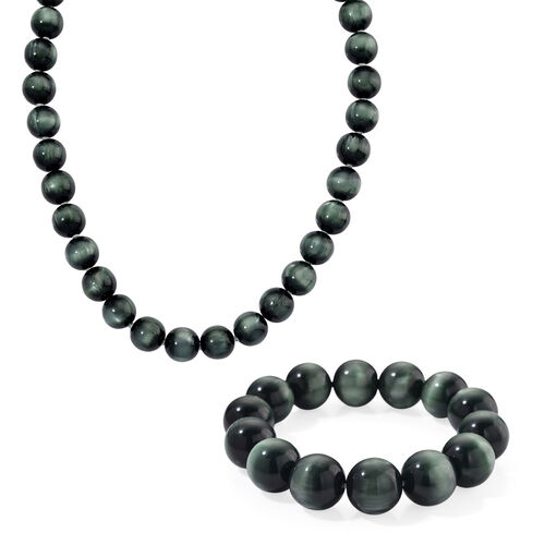 Simuliertes flexibles grünes Katzenauge Armband und 45+5cm Halskette image number 0