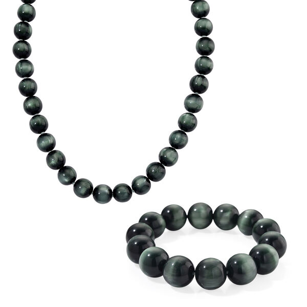 Simuliertes flexibles grünes Katzenauge Armband und 45+5cm Halskette image number 0