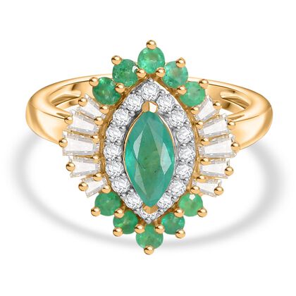 Djoy Kagem Sambischer Smaragd, Moissanit Ring 925 Silber 750 Gelbgold Vermeil (Gr&ouml;&szlig;e 19.00) ca. 1.31 ct