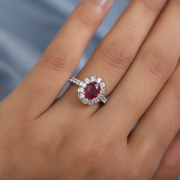 Fissure gef&uuml;llt Rubin und Zirkon Halo Ring 925 Silber Platin-&Uuml;berzug image number 3