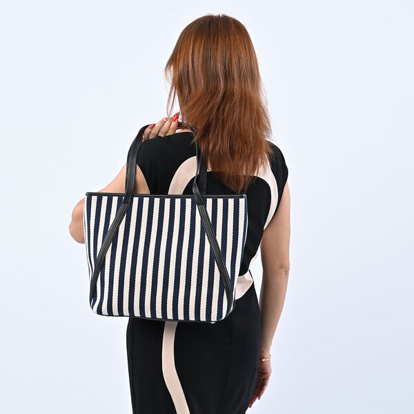 Klassische Handtasche mit Streifenmuster, Blau/beige image number 2