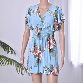 Top mit gesmokter Taille und Flatterärmeln, Himmelblau