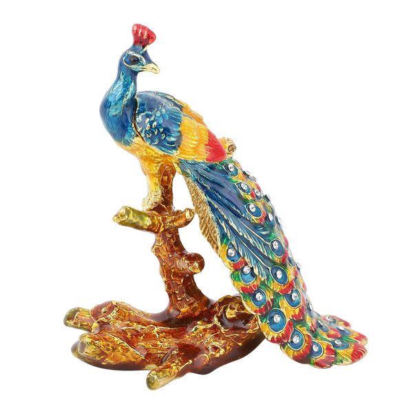 Tablettend&ouml;schen mit wei&szlig;en Kristallen, emailliert, goldfarben, Pfau