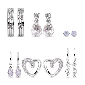 6er-Set - Wei&szlig;e Kristall Ohrringe, Stecker und Creolen, reines Messing